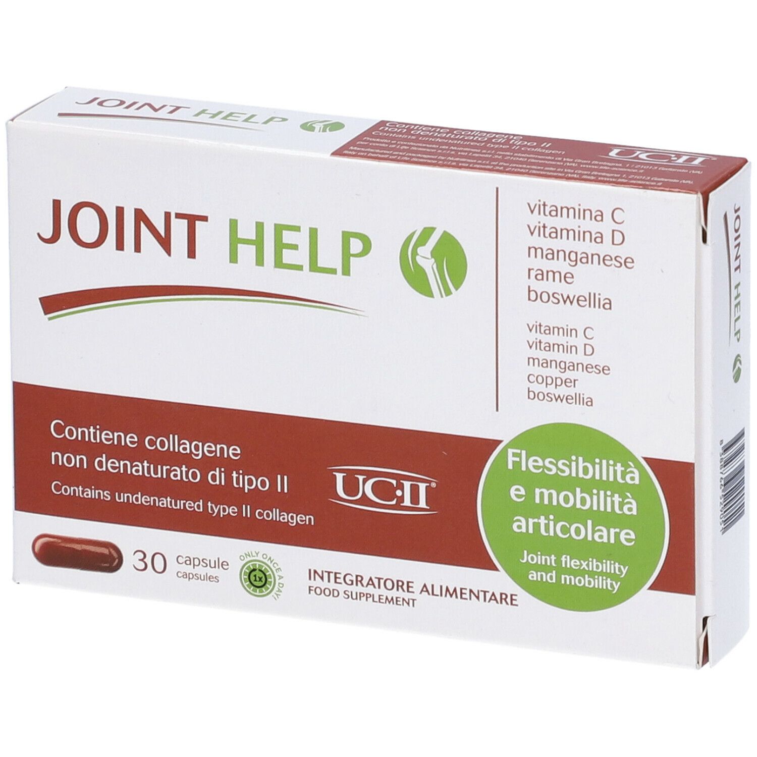 Scatola bianca con logo "JOINT HELP". Contiene 30 capsule. Scritta: "Flessibilità e mobilità articolare".