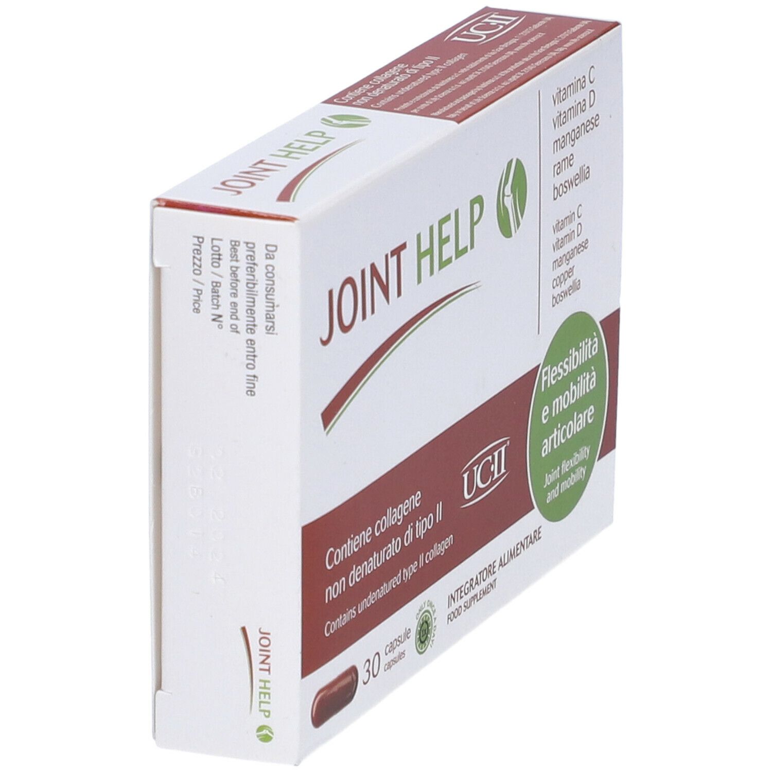 Scatola con logo "JOINT HELP". Contiene 30 capsule. Scritta: "Flessibilità e mobilità articolare".