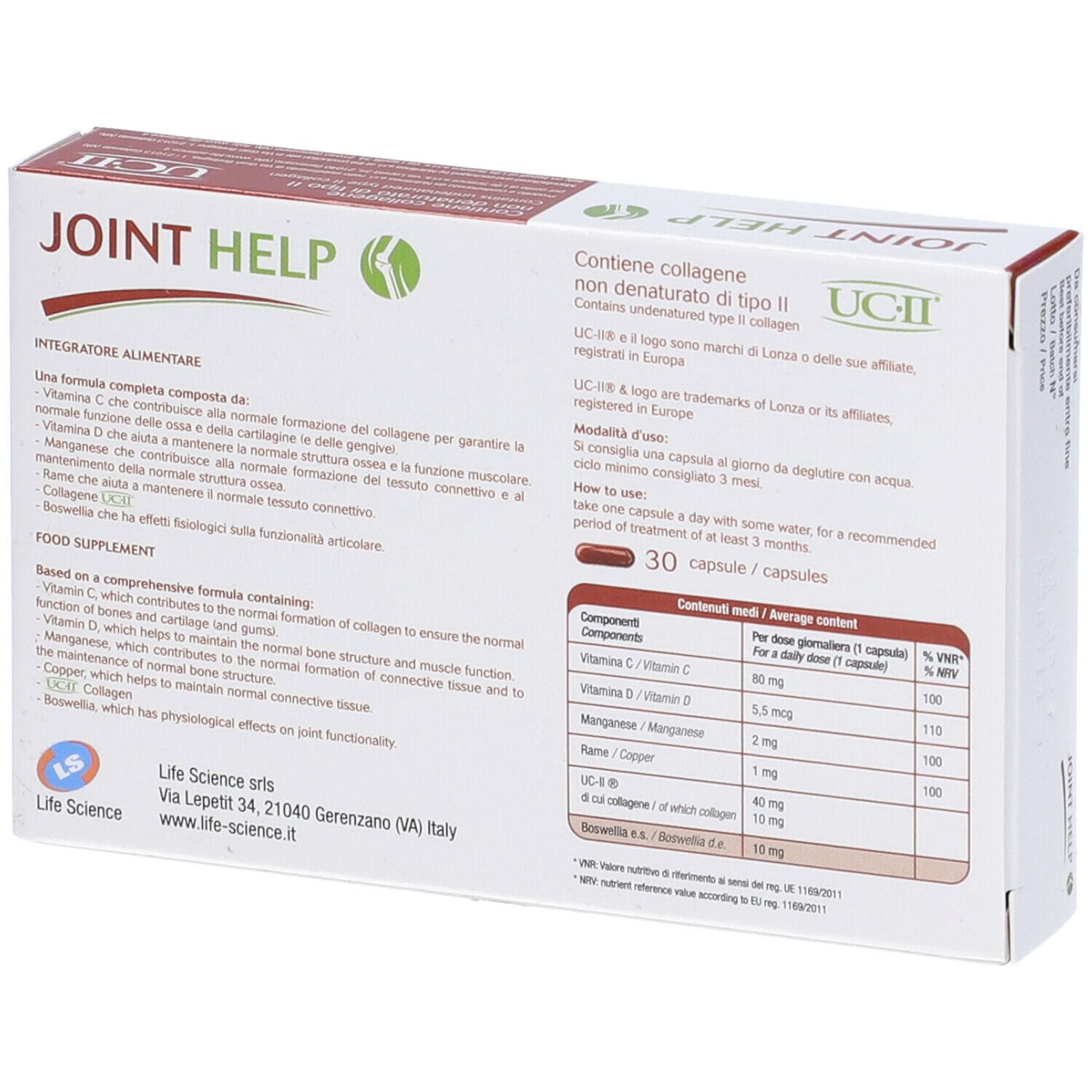 Retro della confezione "JOINT HELP". Contiene informazioni sugli ingredienti e il dosaggio. 30 capsule.
