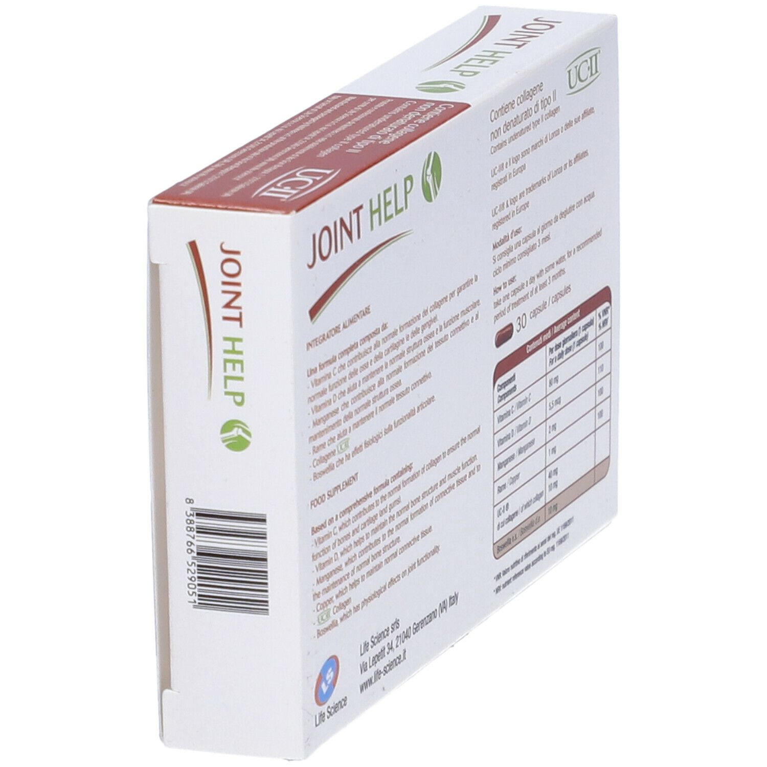 Vista laterale della confezione "JOINT HELP". Contiene informazioni sugli ingredienti e il dosaggio. 30 capsule.