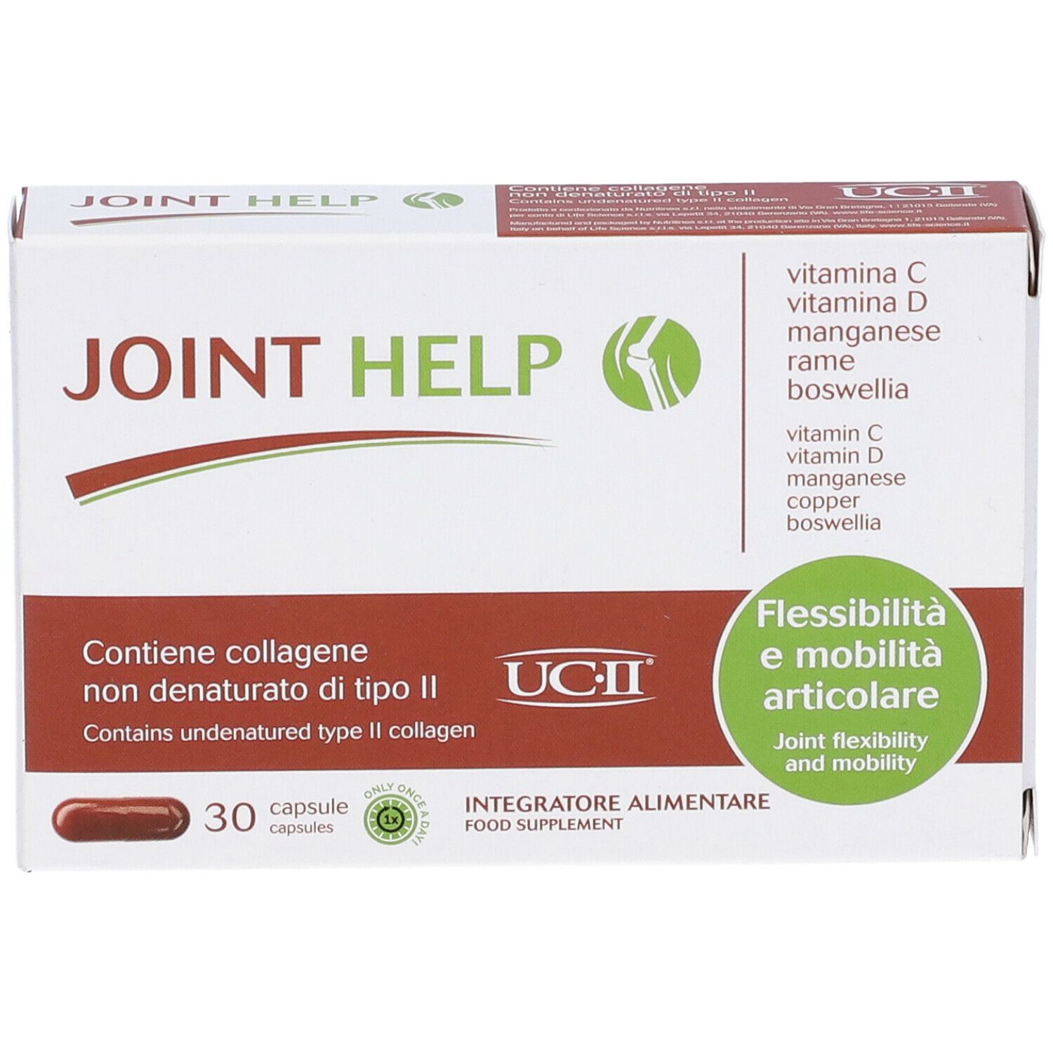 Scatola bianca con logo "JOINT HELP". Contiene 30 capsule. Scritta: "Flessibilità e mobilità articolare".