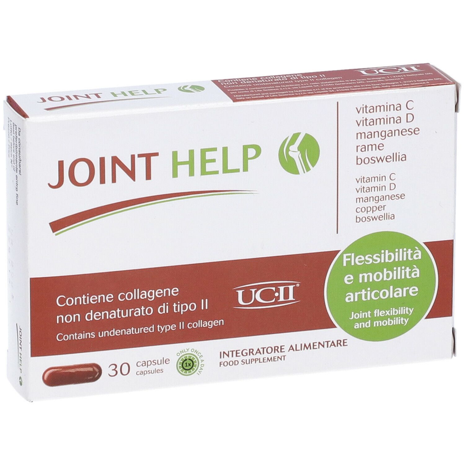 Scatola bianca con logo "JOINT HELP". Contiene 30 capsule. Scritta: "Flessibilità e mobilità articolare".