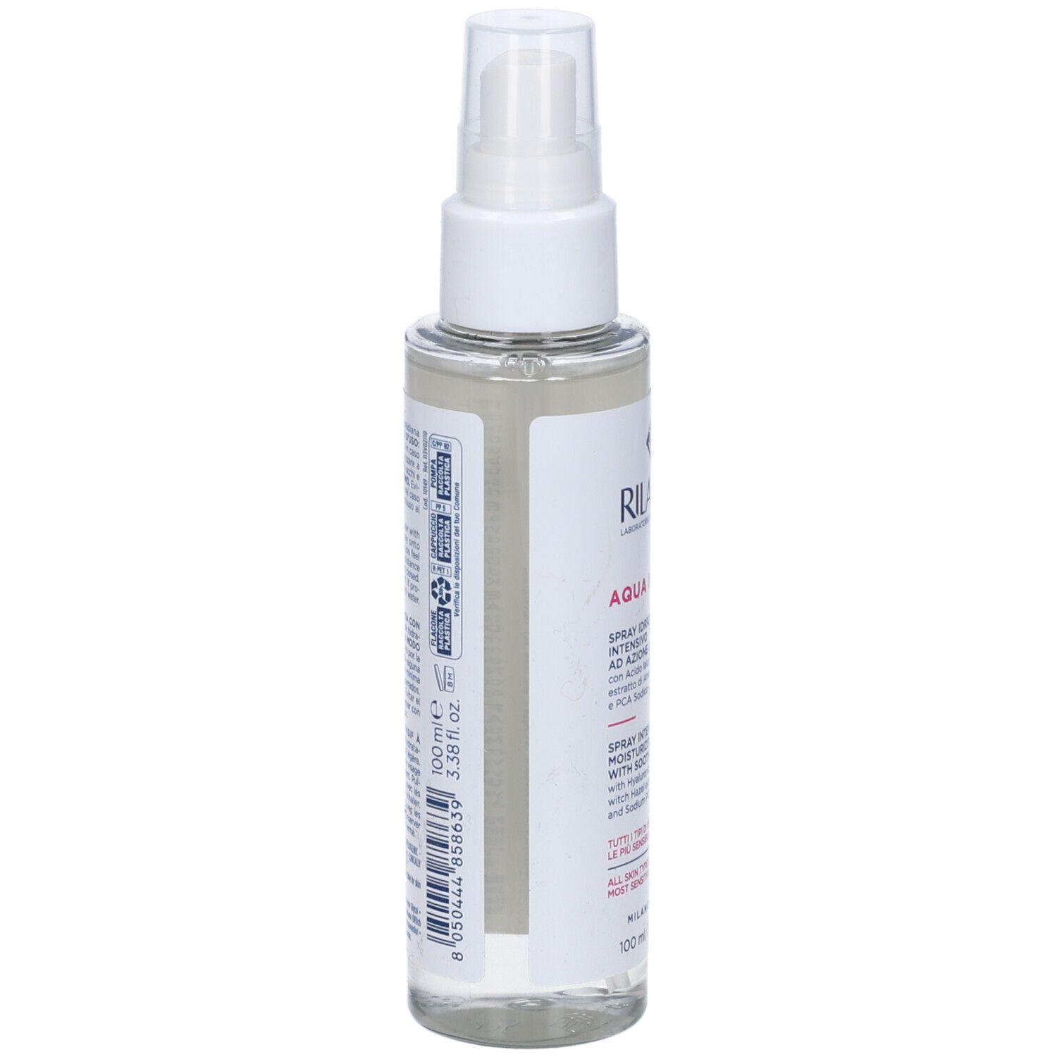 Rilastil Aqua Intense Spray. Vista posteriore del flacone spray con informazioni sul prodotto e testo.