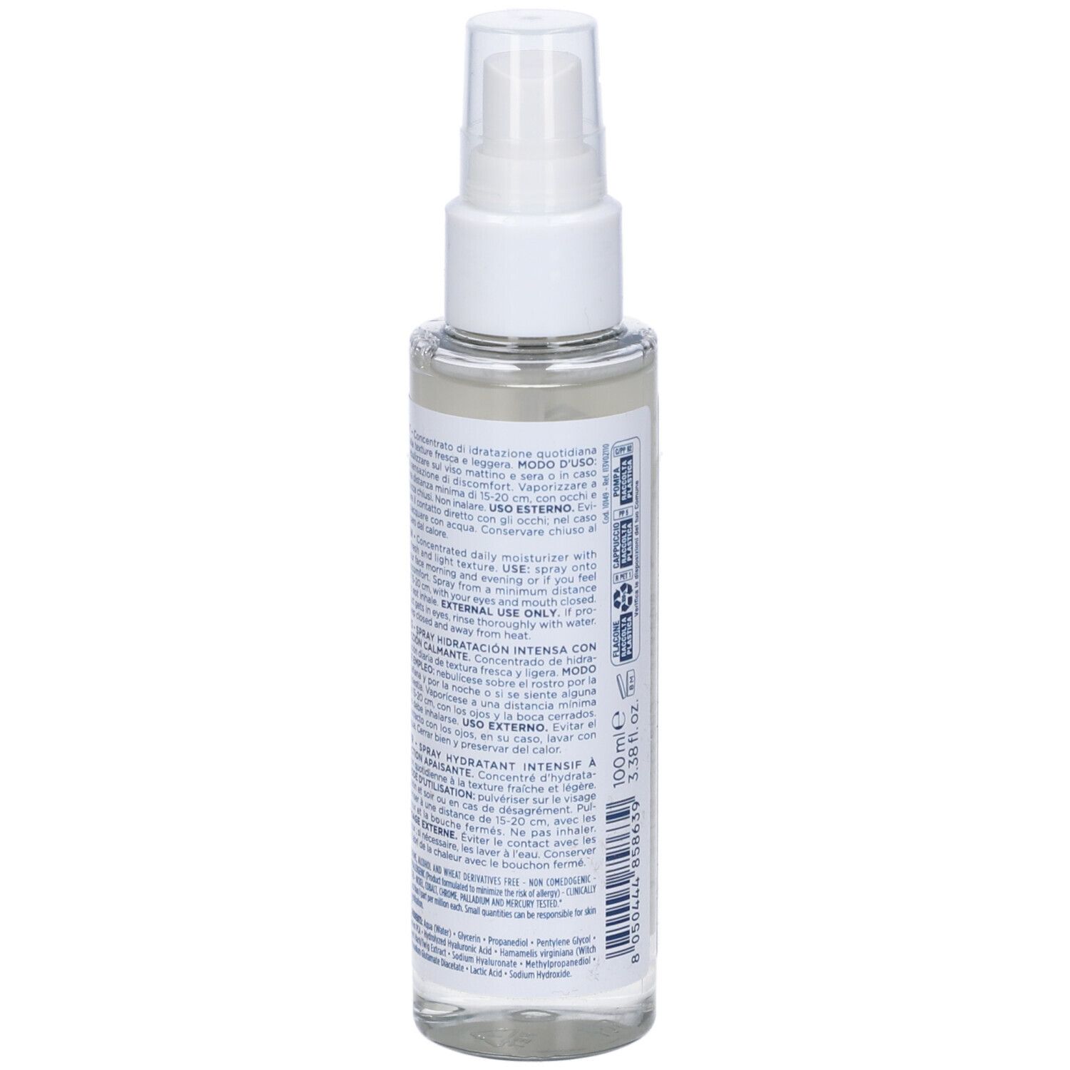 Rilastil Aqua Intense Spray. Vista posteriore del flacone spray con informazioni sul prodotto e testo.