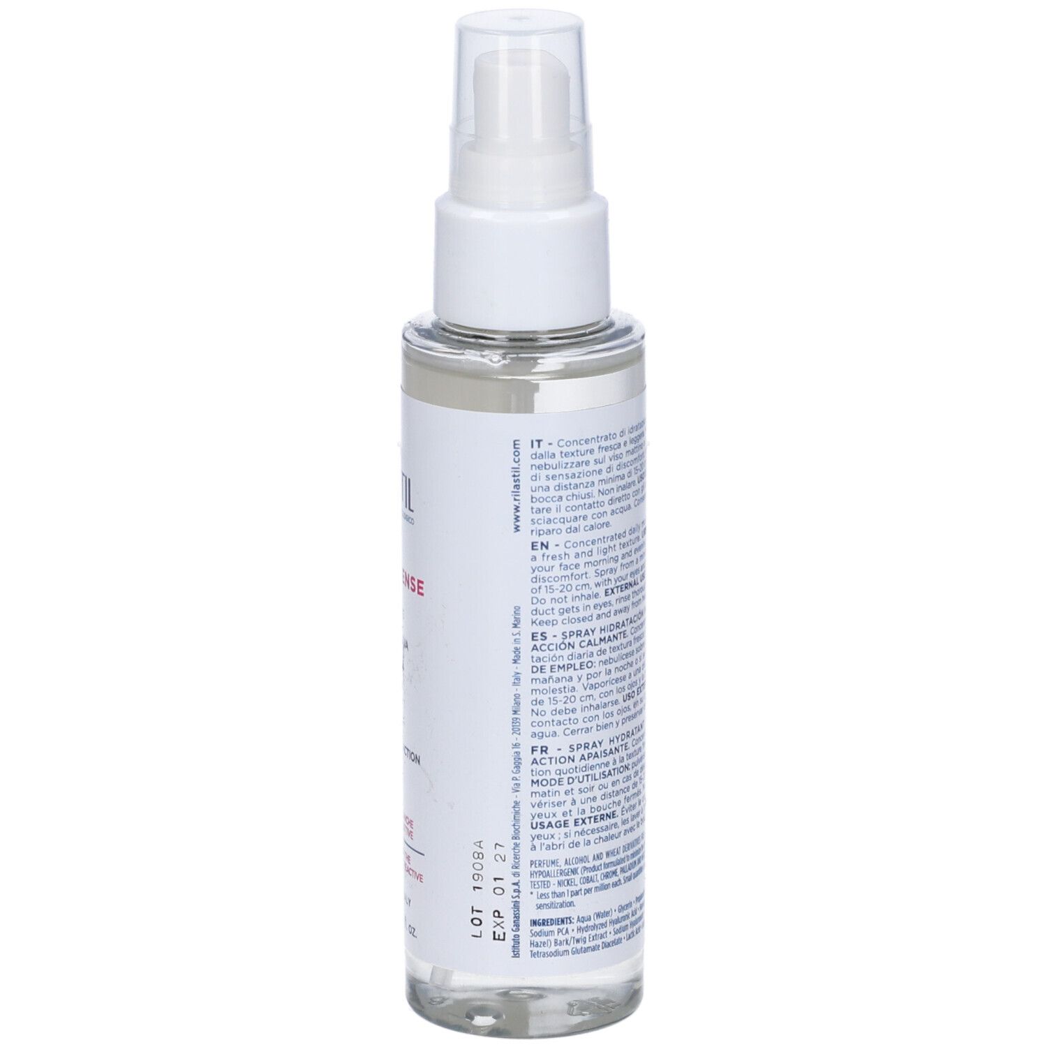 Rilastil Aqua Intense Spray. Vista posteriore del flacone spray con informazioni sul prodotto e testo.