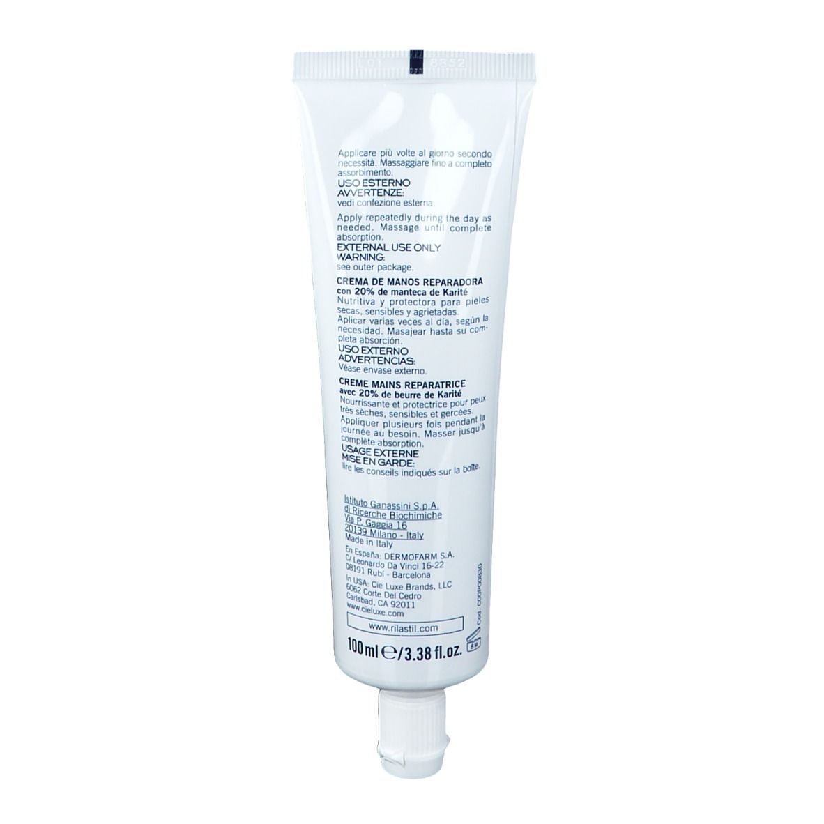 Retro del tubo bianco Rilastil Xerolact. Testo multilingue: uso, ingredienti, produttore.