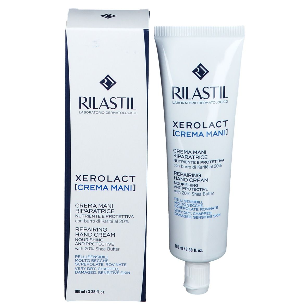 Rilastil Xerolact crema e confezione. Testo: Crema Mani, Repairing Hand Cream. Con 20% burro di karité.