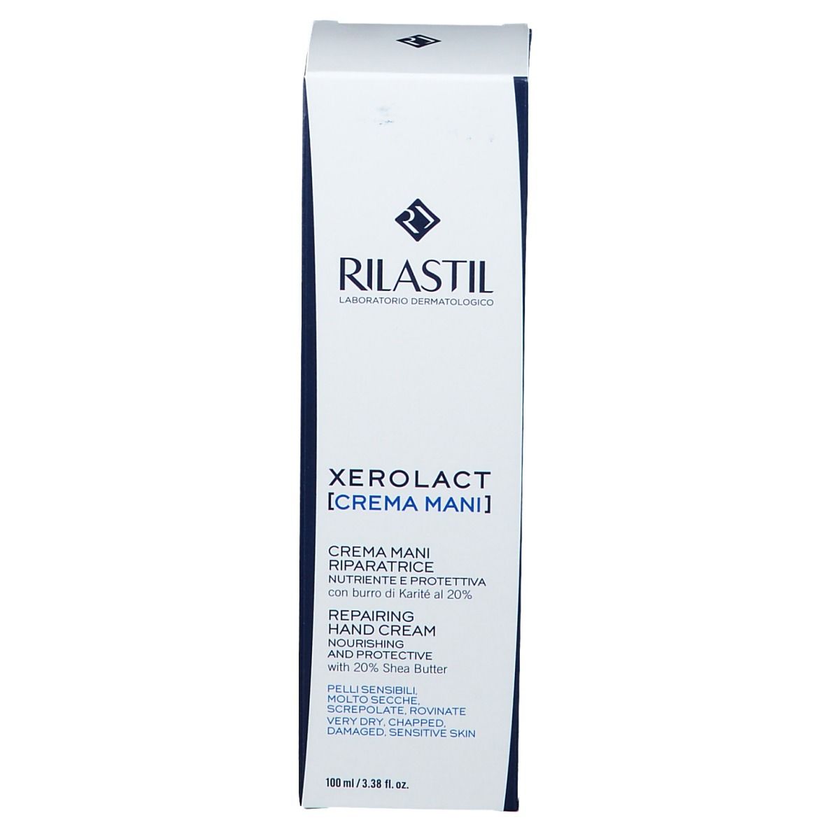 Confezione Rilastil Xerolact crema. Testo: Crema Mani, Repairing Hand Cream. Per pelli secche e screpolate.