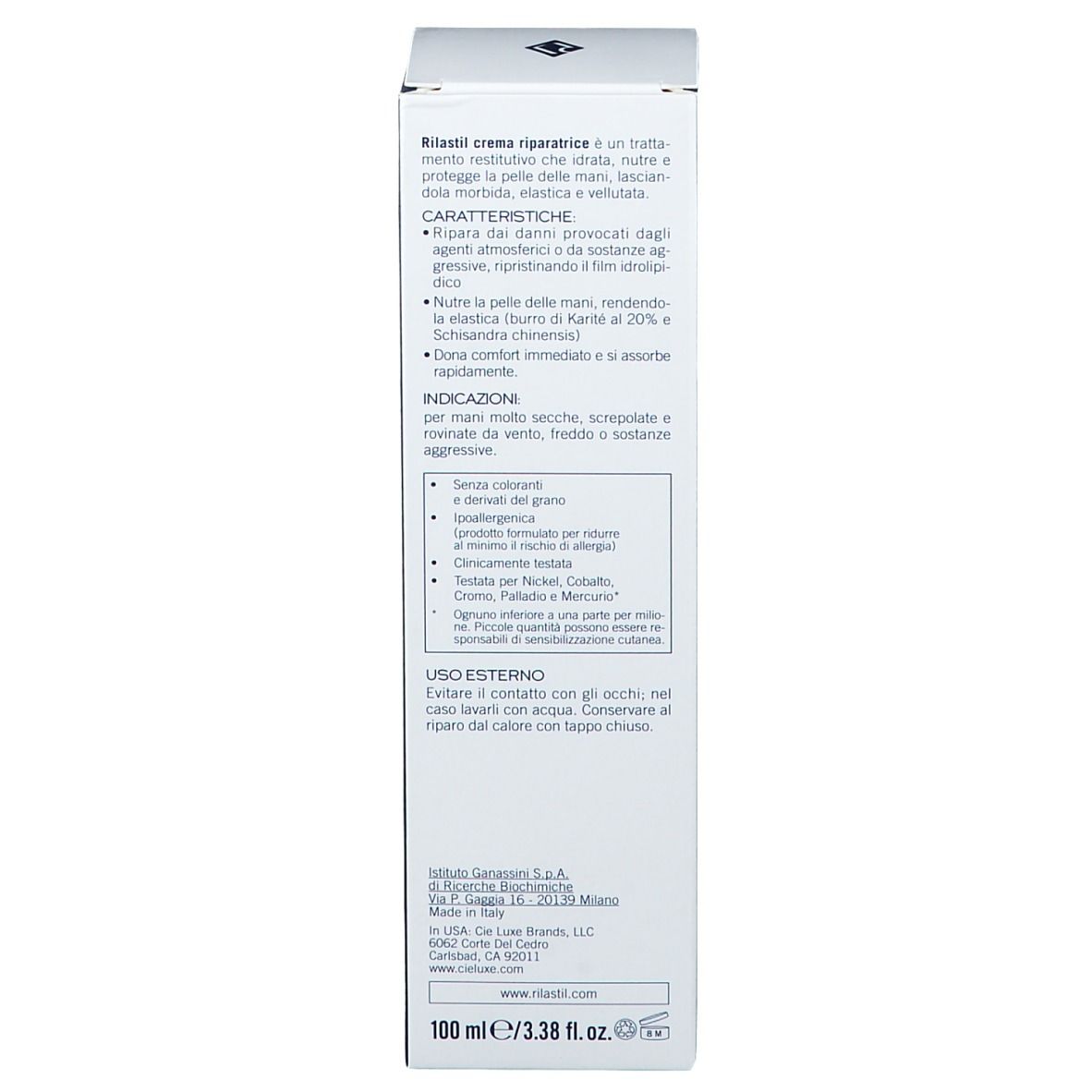 Confezione Rilastil Xerolact crema. Testo: Crema Mani, Repairing Hand Cream. Ingredienti, uso.