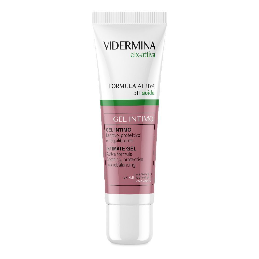 Vidermina clx-attiva Intimgel-Tube. Enthält Gel Intimo, pH 4,5. Weiß-rosa Tube mit grünen Akzenten.