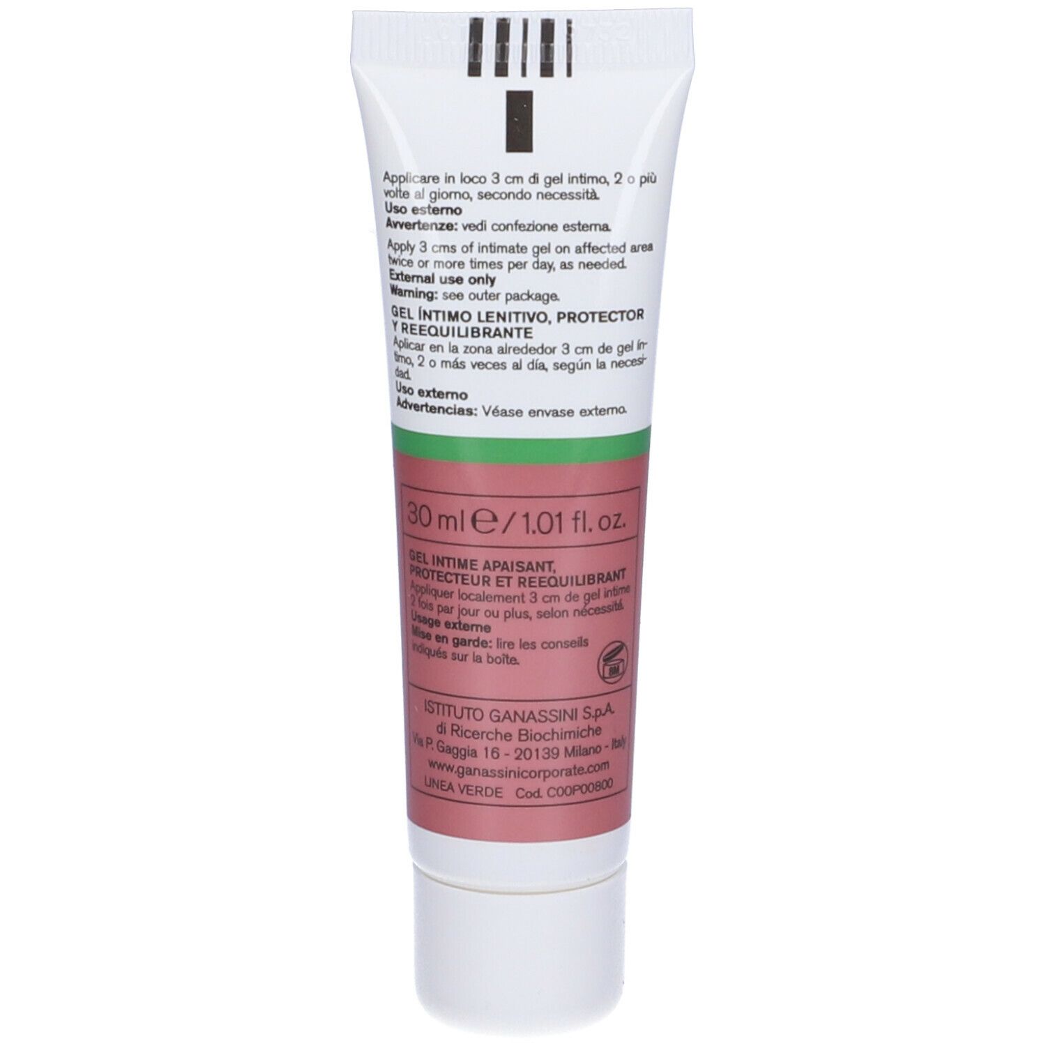 Rückseite der Intimgel-Tube. Enthält Text in Deutsch, Italienisch und Französisch. 30 ml/1,01 fl. oz.