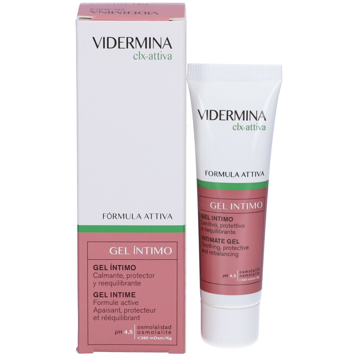 Vidermina clx-attiva Intimgel und Verpackung. Enthält Gel Intimo. Rosa-weiße Verpackung mit grünen Akzenten.