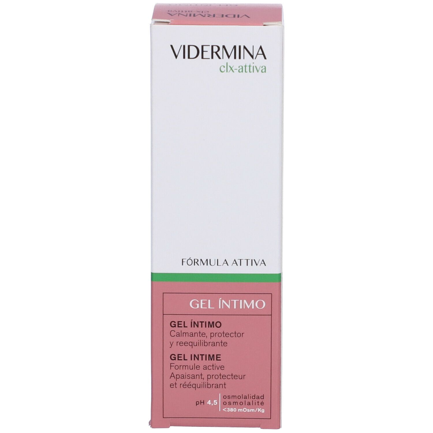 Vidermina clx-attiva Intimgel-Verpackung. Enthält Gel Intimo. Rosa-weiße Verpackung mit grünen Akzenten.