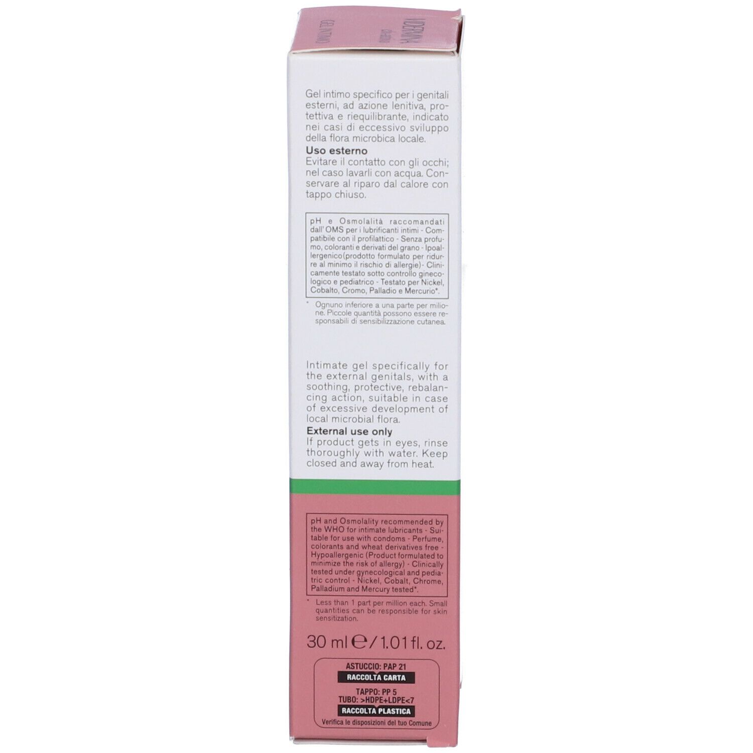 Verpackung des Intimgels. Enthält Text in Deutsch, Italienisch und Französisch. 30 ml/1,01 fl. oz.