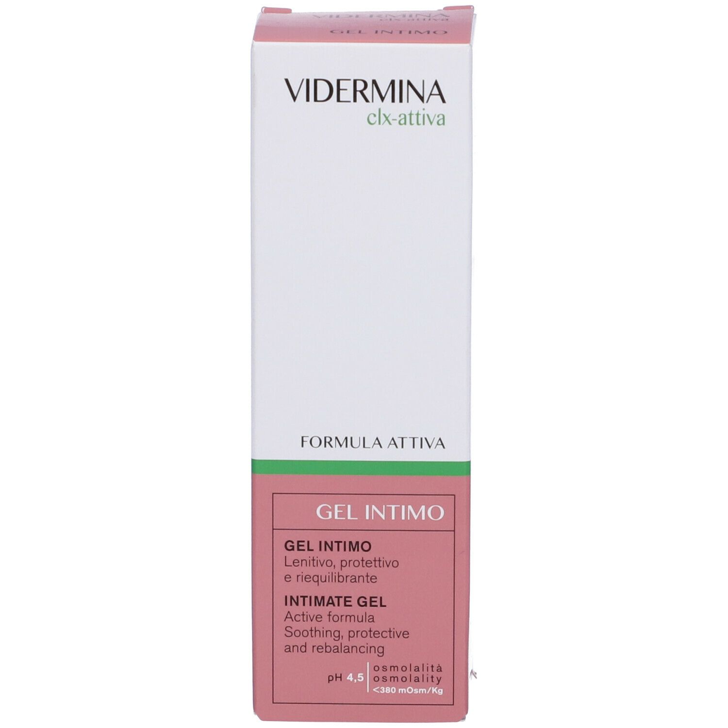 Vidermina clx-attiva Intimgel-Verpackung. Enthält Gel Intimo. Rosa-weiße Verpackung mit grünen Akzenten.