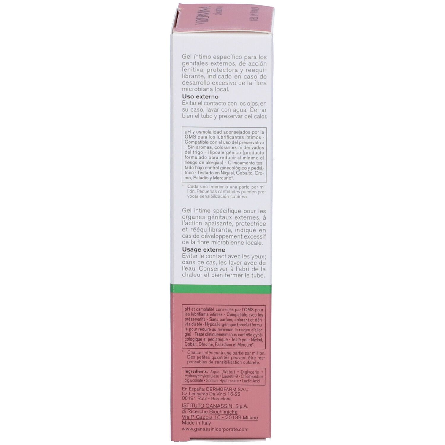 Verpackung des Intimgels. Enthält Text in Deutsch, Italienisch und Französisch. 30 ml/1,01 fl. oz.