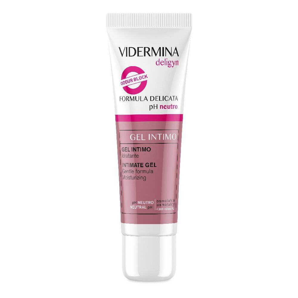 Tubo di VIDERMINA deligyn. Tubo bianco con dettagli rosa e marroni. Nome del prodotto e testo visibili.