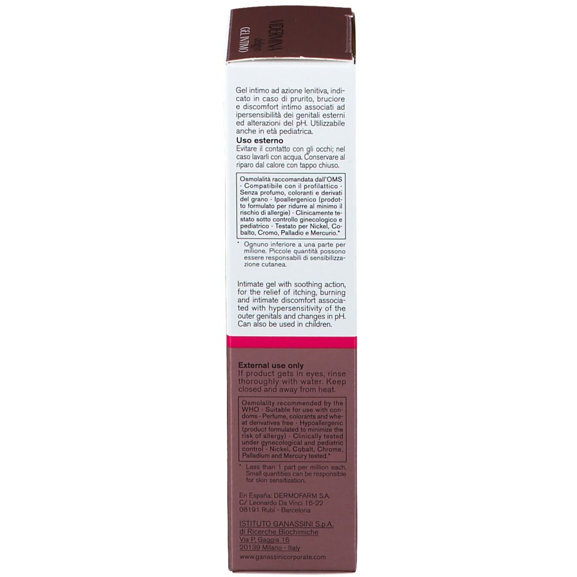 Retro della confezione VIDERMINA deligyn. Testo multilingue. Ingredienti e istruzioni.