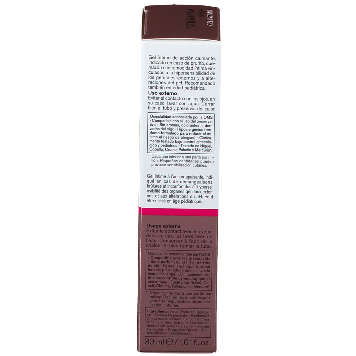 Retro della confezione VIDERMINA deligyn. Testo multilingue. Ingredienti e istruzioni.