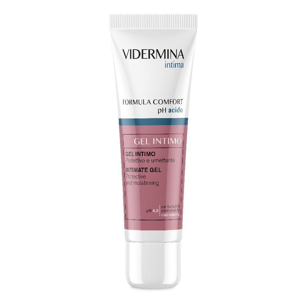 Tube blanche et rose avec nom du produit et « GEL INTIMO ». Bandes bleues et roses. pH 4.0.