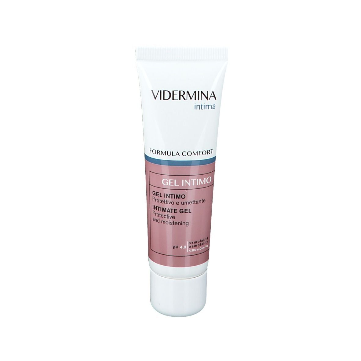 Tube blanc et rose avec nom du produit et « GEL INTIMO ». Bandes bleues et roses. pH 4.0.