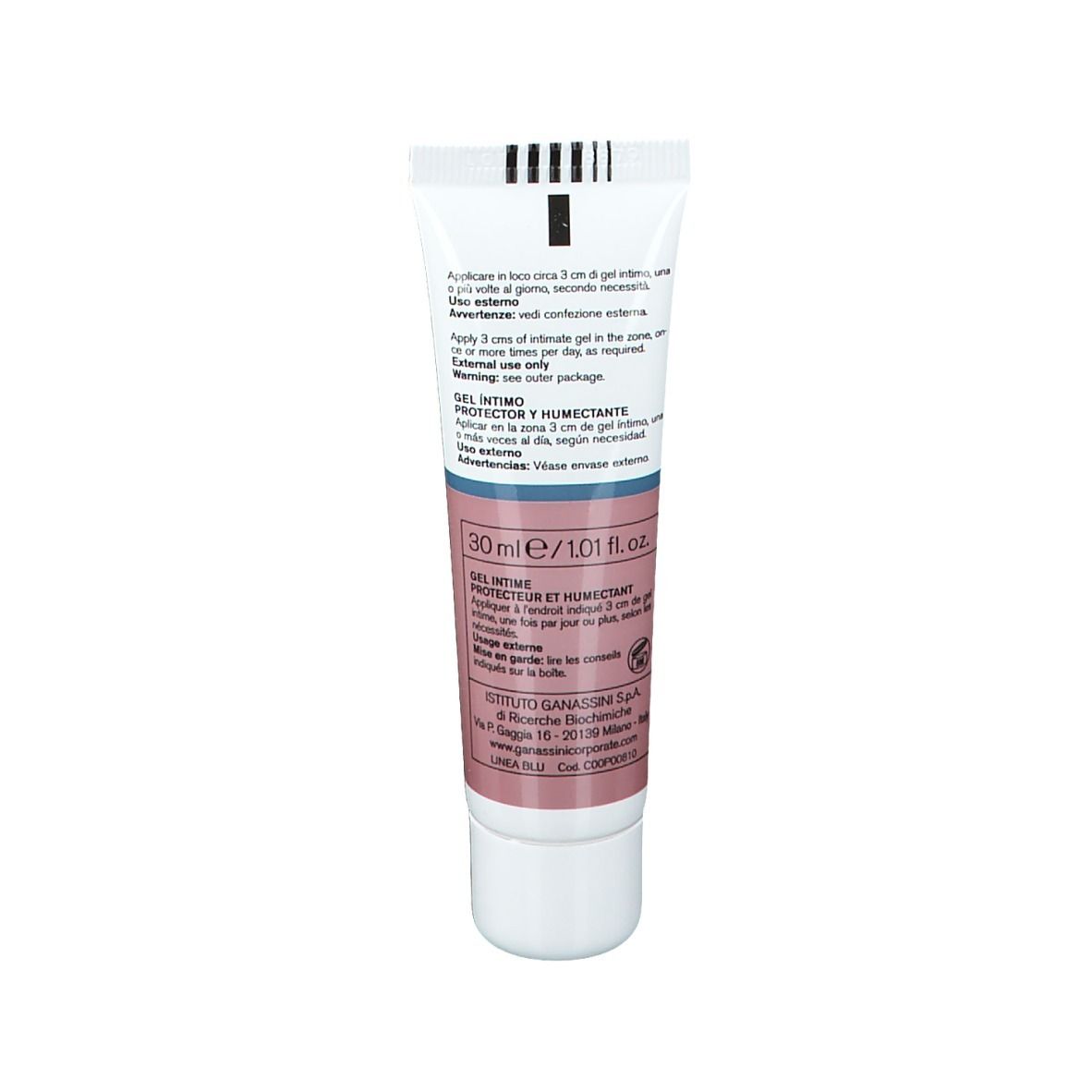 Dos du tube. Texte multilingue. 30 ml. pH 4.0. Informations fabricant.