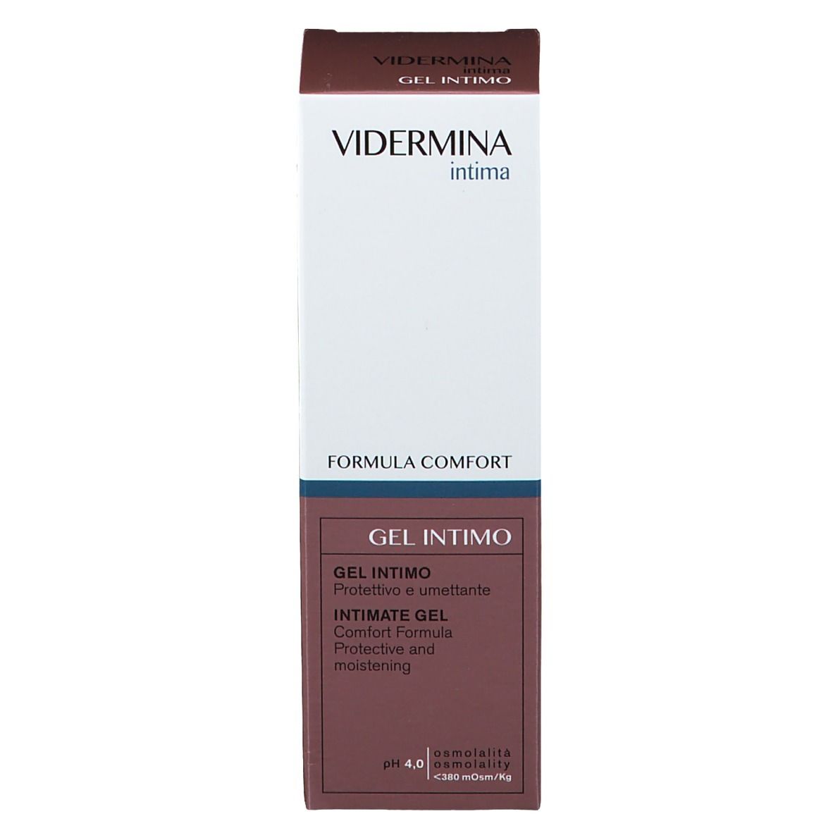 Emballage du produit marron. Texte blanc : « GEL INTIMO ». Marque et nom du produit. pH 4.0.