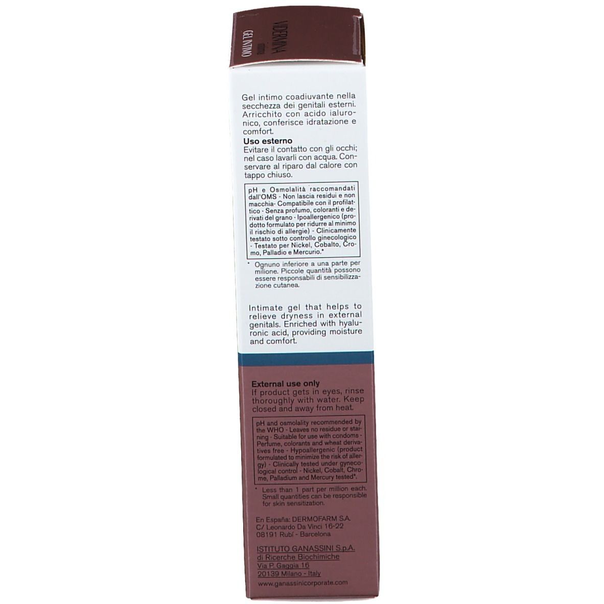 Dos de l'emballage du produit. Texte multilingue. Informations fabricant. 30 ml.