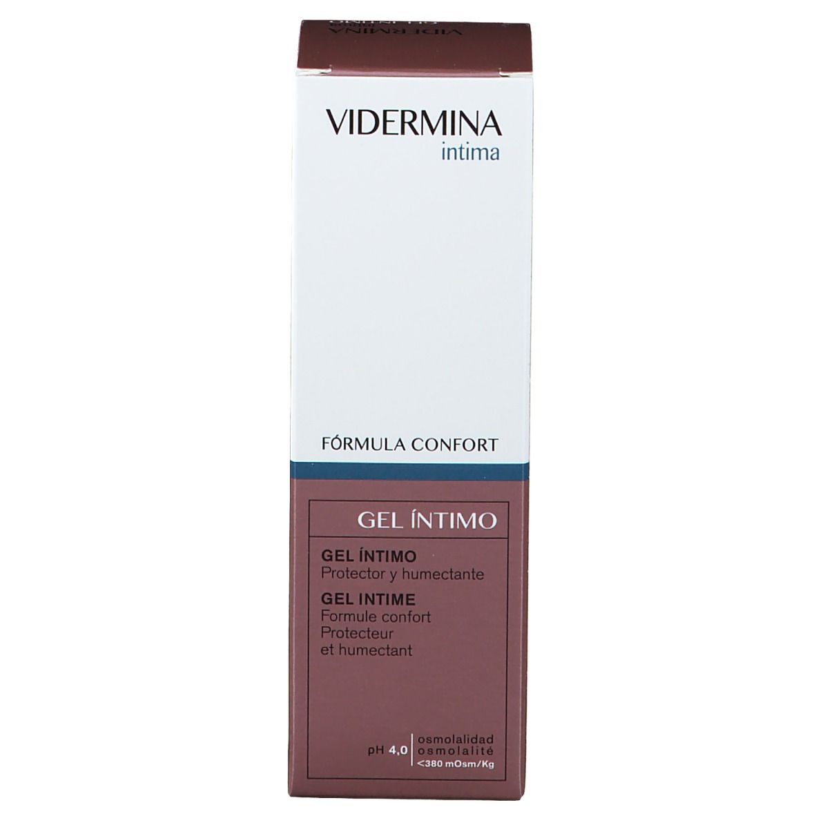Emballage du produit. Texte blanc sur fond marron. « GEL INTIMO ». Marque et nom du produit.