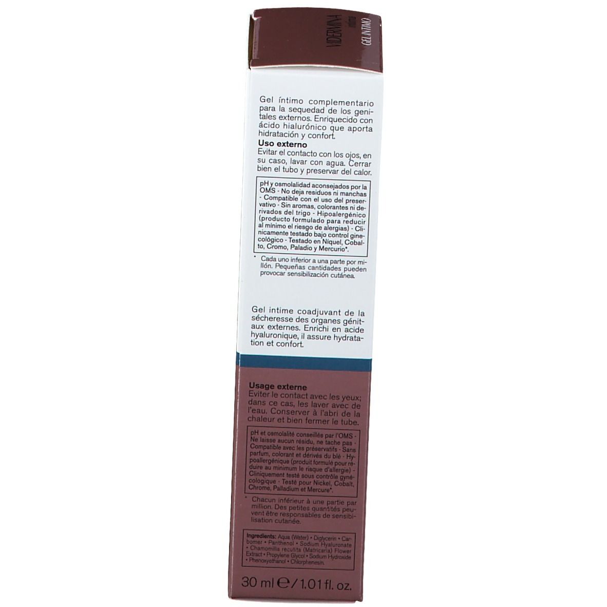 Dos de l'emballage du produit. Texte multilingue. 30 ml. Informations fabricant.