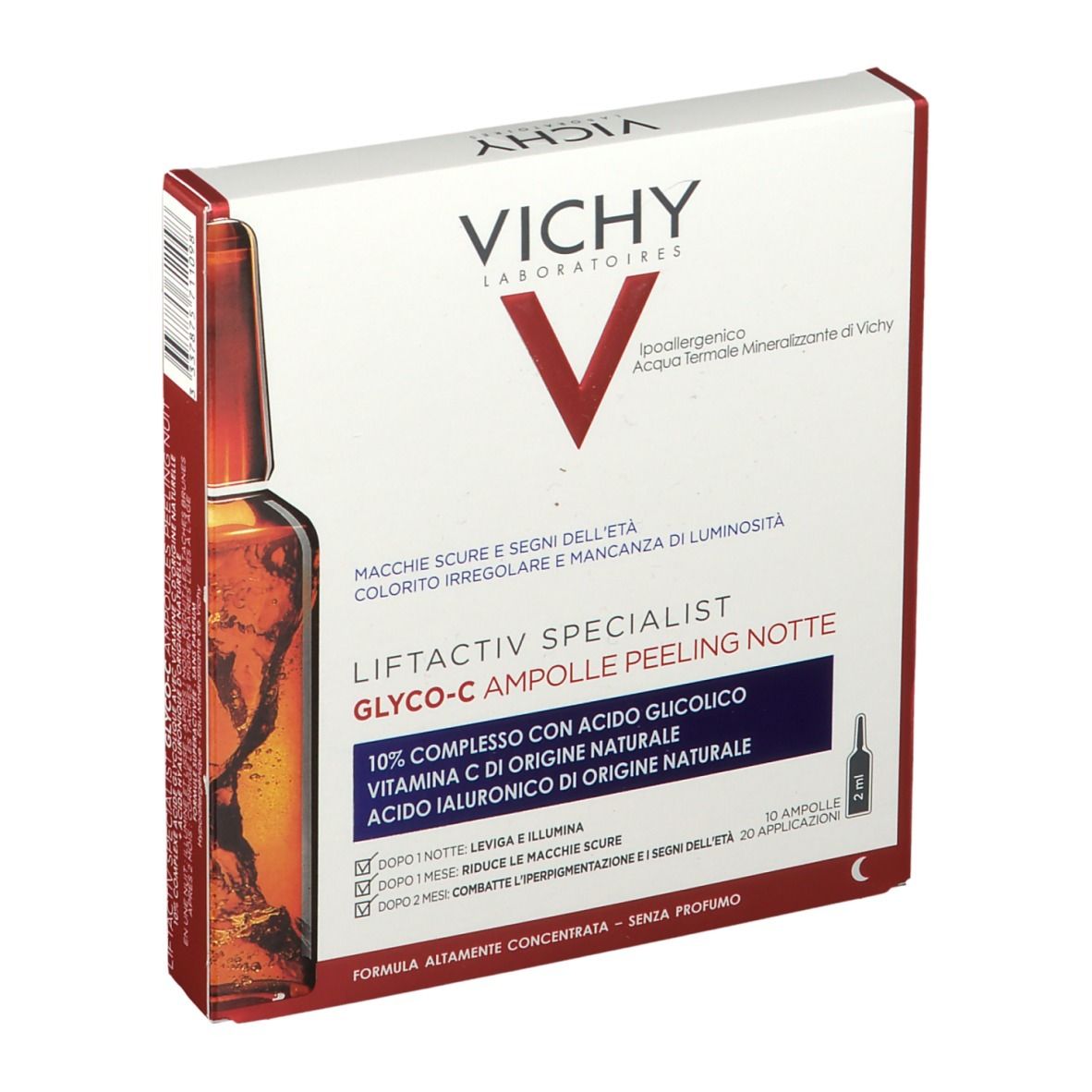 Vichy Liftactiv Specialist Glyco-C Peeling Ampullen. Karton mit Produktabbildung und Text. Sichtbar: Marke, Produktname, Inhaltsstoffe.