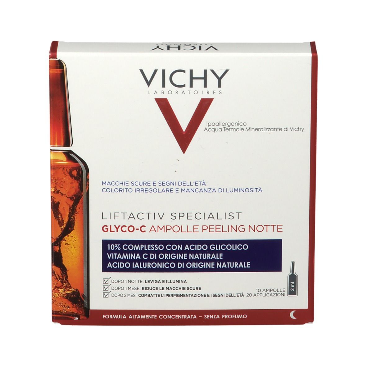 Vichy Liftactiv Specialist Glyco-C Ampulle Peeling Notte. Karton mit Produktabbildung und Text. Sichtbar: Marke, Produktname, Inhaltsstoffe.