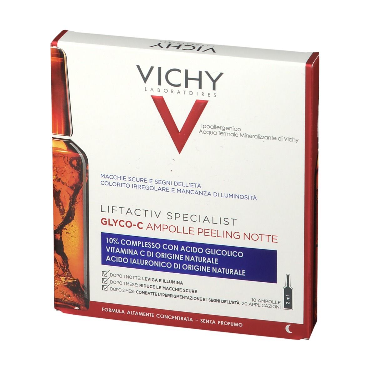 Vichy Liftactiv Specialist Glyco-C Ampulle Peeling Notte. Karton mit Produktabbildung und Text. Sichtbar: Marke, Produktname, Inhaltsstoffe.