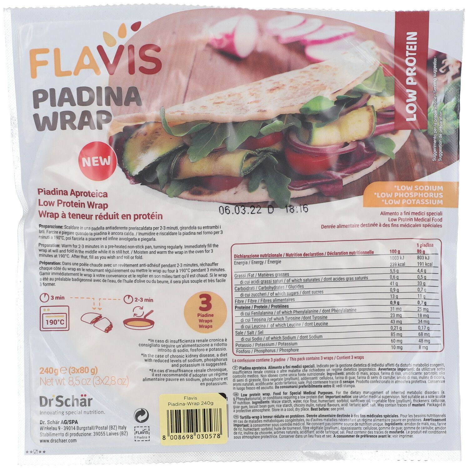 Confezione di FLAVIS Piadina Wrap. Scritte: Low Protein, Dr. Schär. Immagine: wrap farcito.