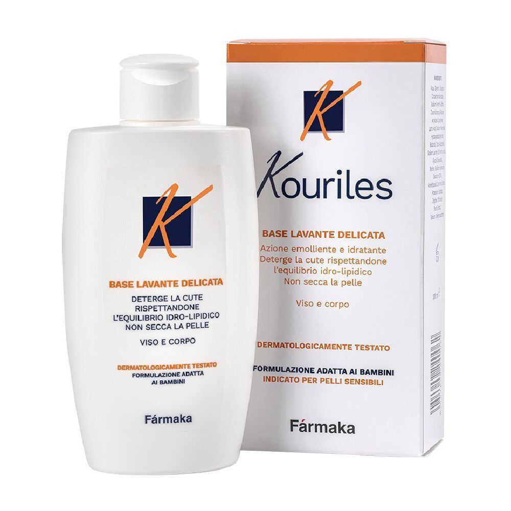 Flacone bianco con tappo a ribalta e scatola. Scritta: Kouriles Base Lavante. Per viso e corpo.