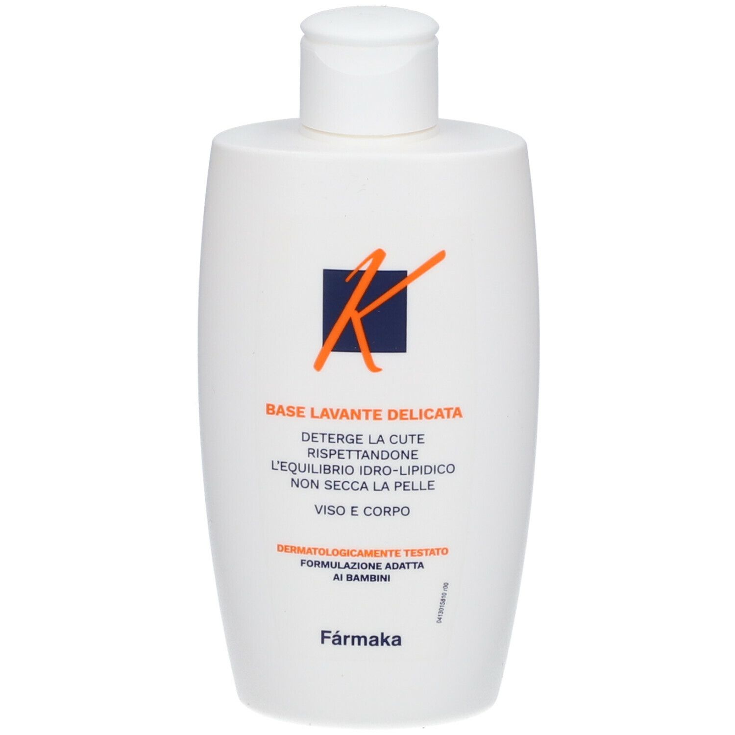 Flacone bianco con tappo a ribalta. Scritta: Kouriles Base Lavante. Per viso e corpo. Dermatologicamente testato.