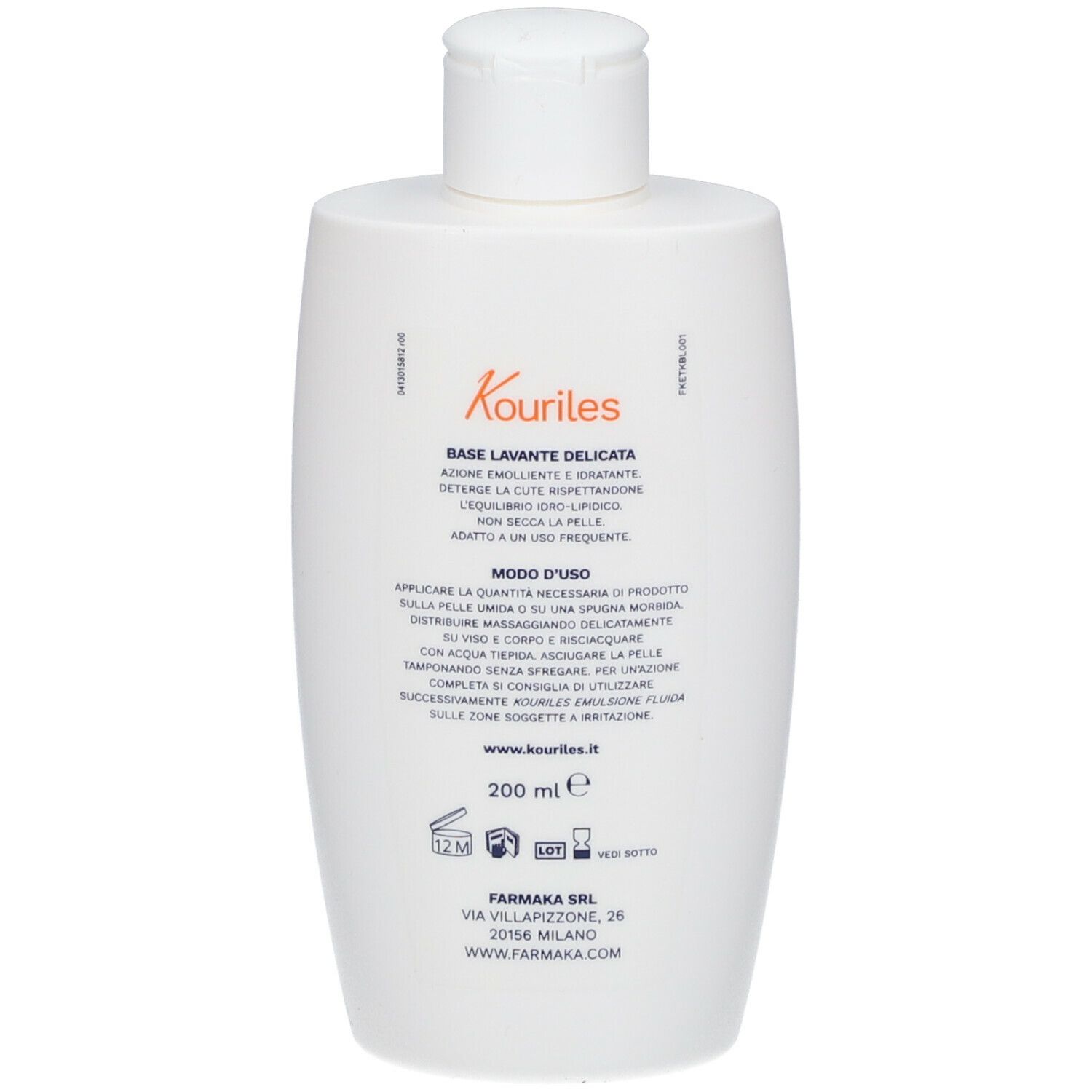 Retro di un flacone bianco con tappo a ribalta. Scritta: Kouriles Base Lavante. 200 ml.