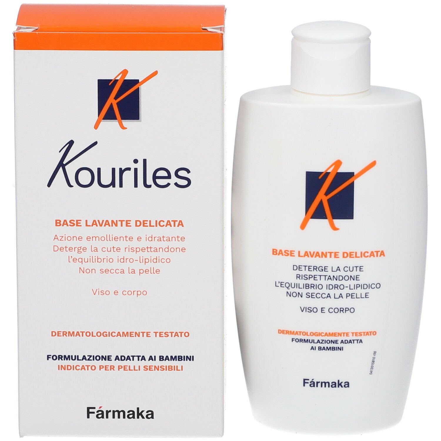 Flacone bianco con tappo a ribalta e scatola. Scritta: Kouriles Base Lavante. Per viso e corpo. 200 ml.