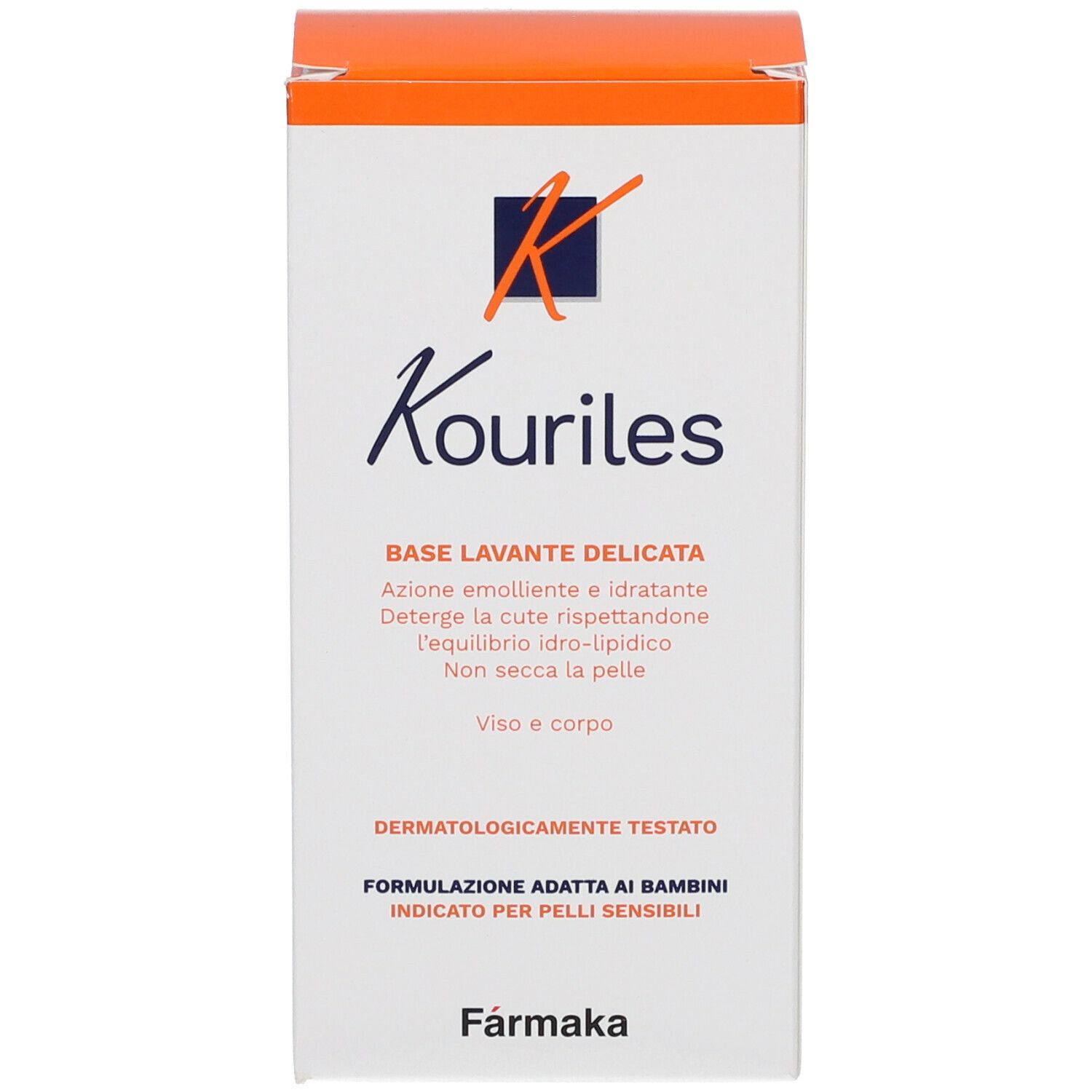 Scatola con scritta: Kouriles Base Lavante. Per viso e corpo. Dermatologicamente testato.