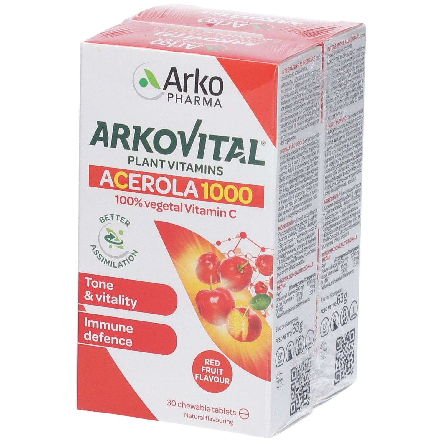 Arkovital Acerola 1000 Packung. Karton mit Produktabbildung und Text. Enthält 60 Kautabletten. Vitamin C 100% pflanzlich.