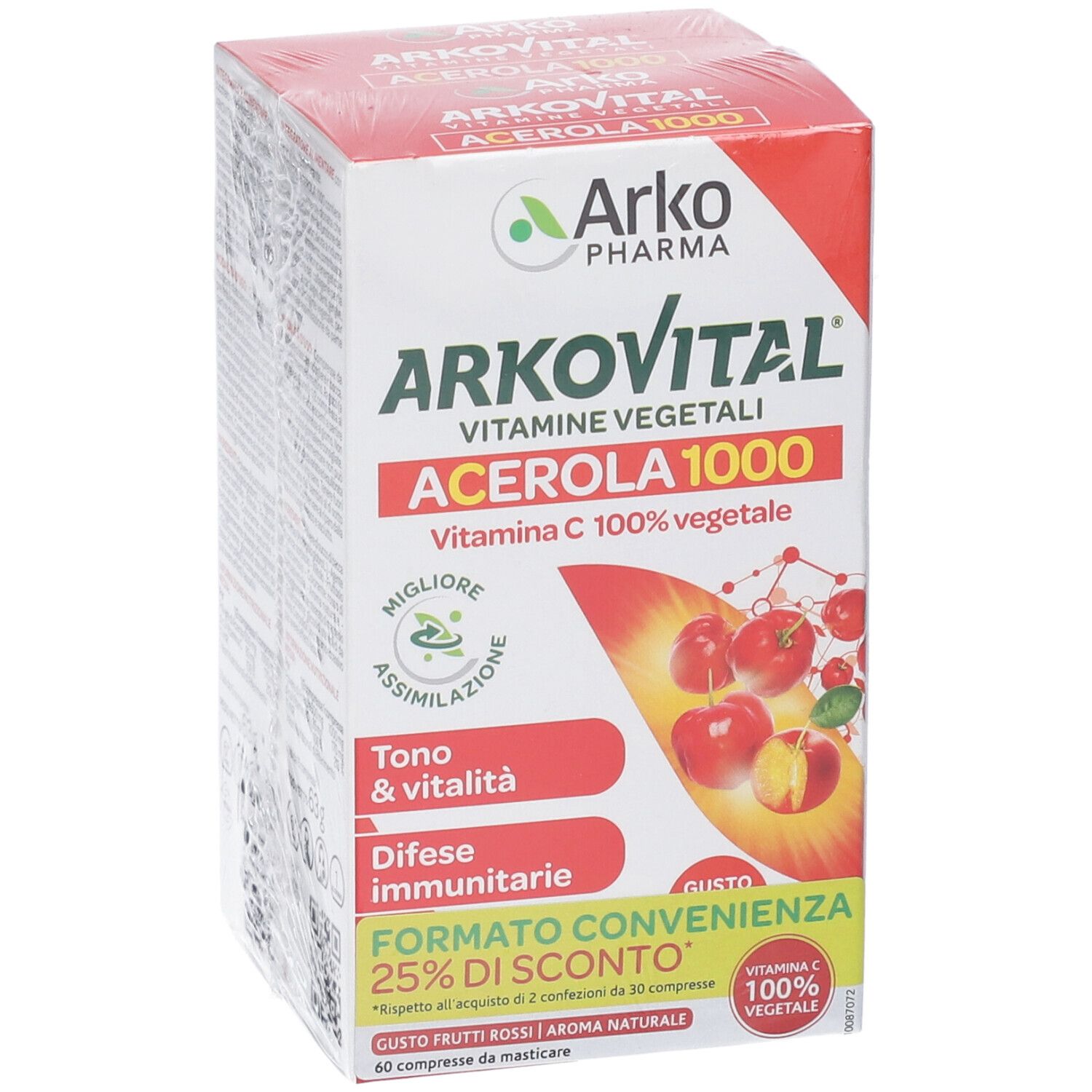 Arkovital Acerola 1000 Packung. Karton mit Produktabbildung und Text. Enthält 60 Kautabletten. Vitamin C 100% pflanzlich.