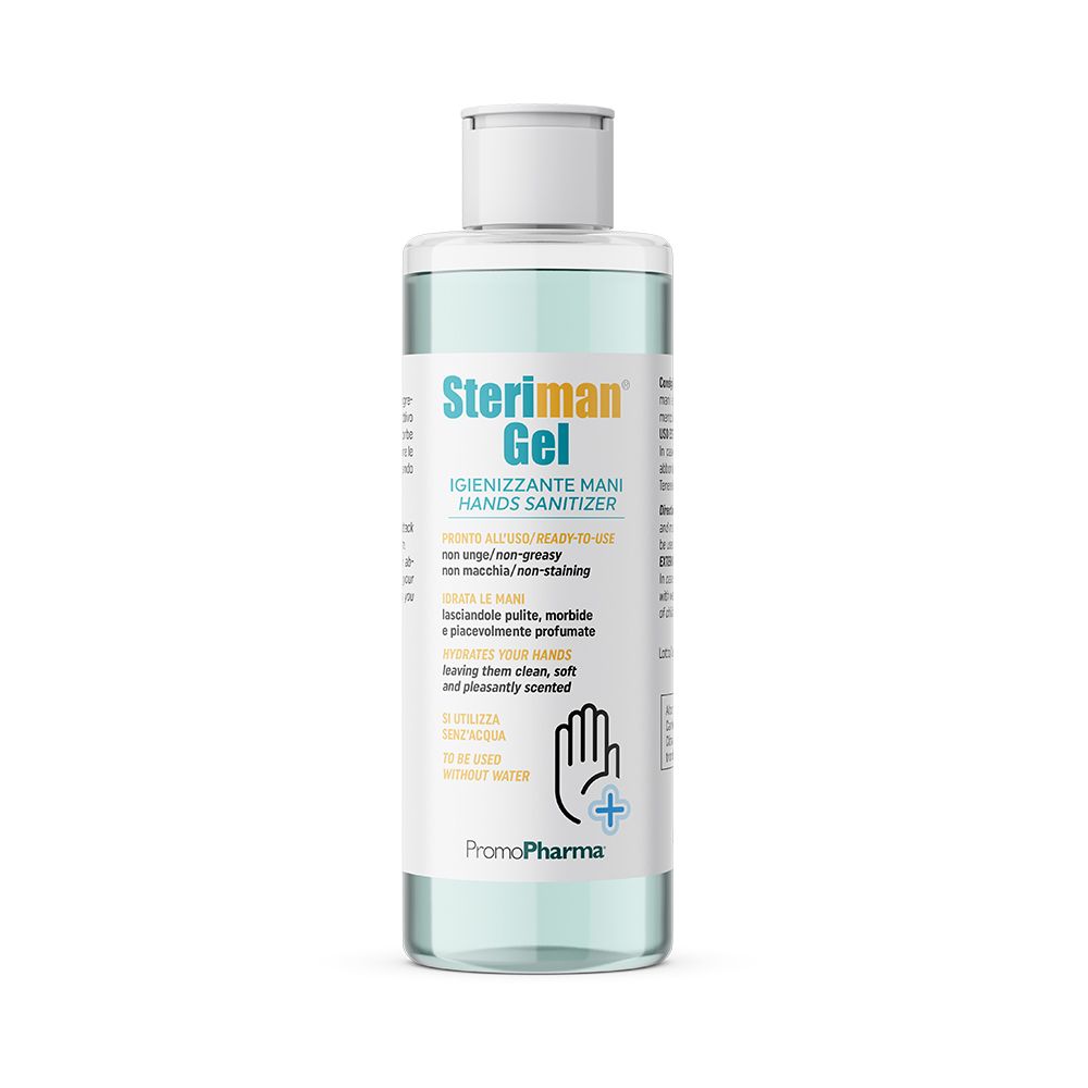 Flacon de gel bleu. Inscription: Steriman Gel, désinfectant pour les mains. Non gras, non tachant. Logo PromoPharma.