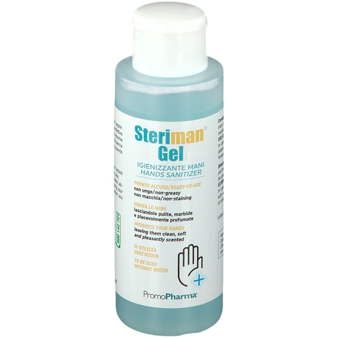 Flacon de gel bleu. Inscription: Steriman Gel, désinfectant pour les mains. Non gras, non tachant. Logo PromoPharma.