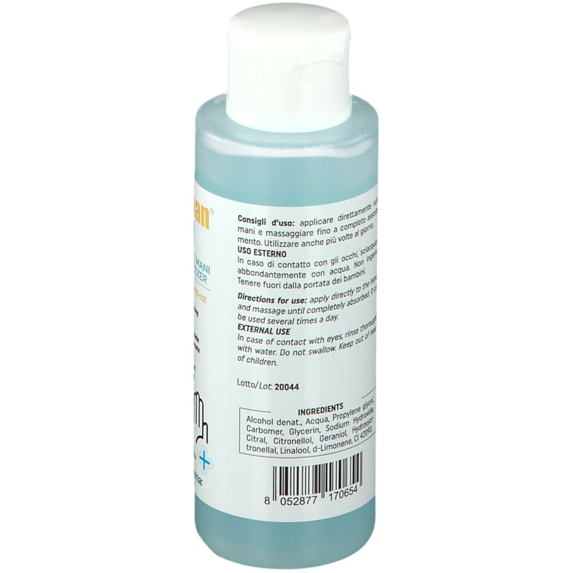 Dos d'un flacon de gel bleu. Texte: Mode d'emploi, ingrédients, numéro de lot, code-barres. Logo PromoPharma.