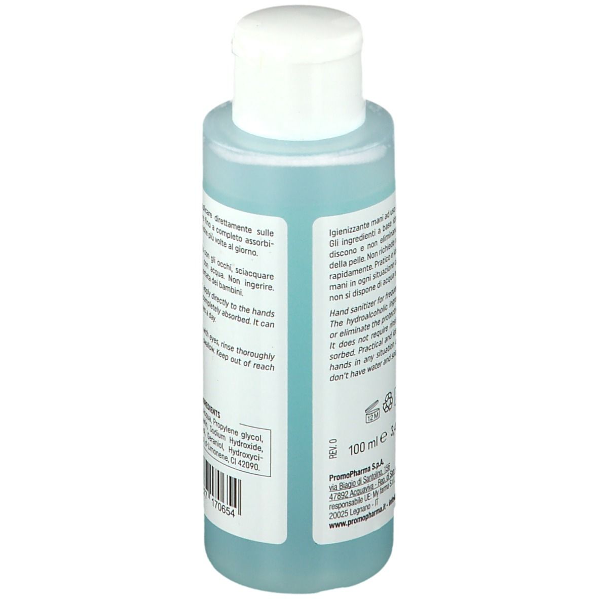 Dos d'un flacon de gel bleu. Texte: Mode d'emploi, ingrédients, numéro de lot, code-barres. Logo PromoPharma.