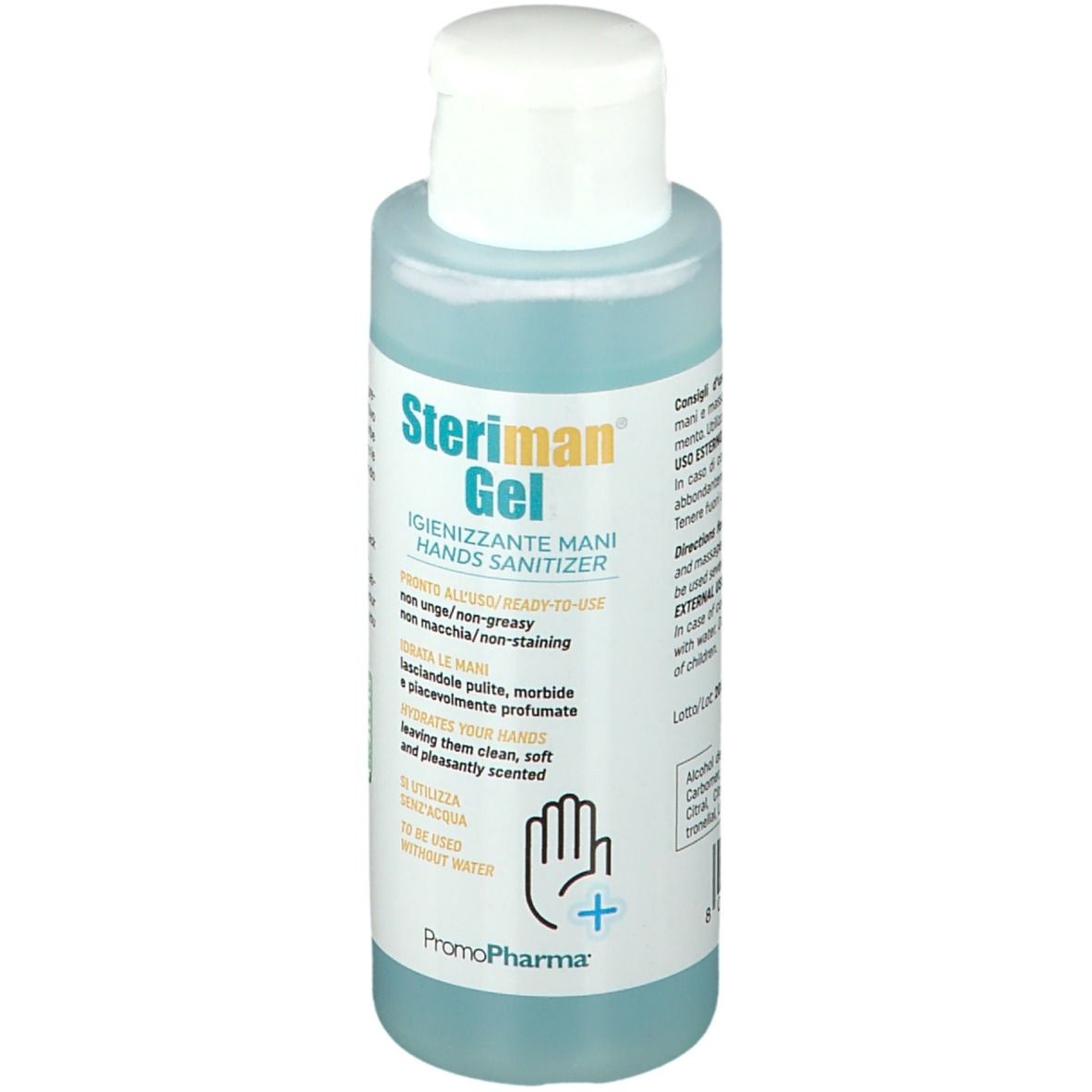 Flacon de gel bleu. Inscription: Steriman Gel, désinfectant pour les mains. Non gras, non tachant. Logo PromoPharma.
