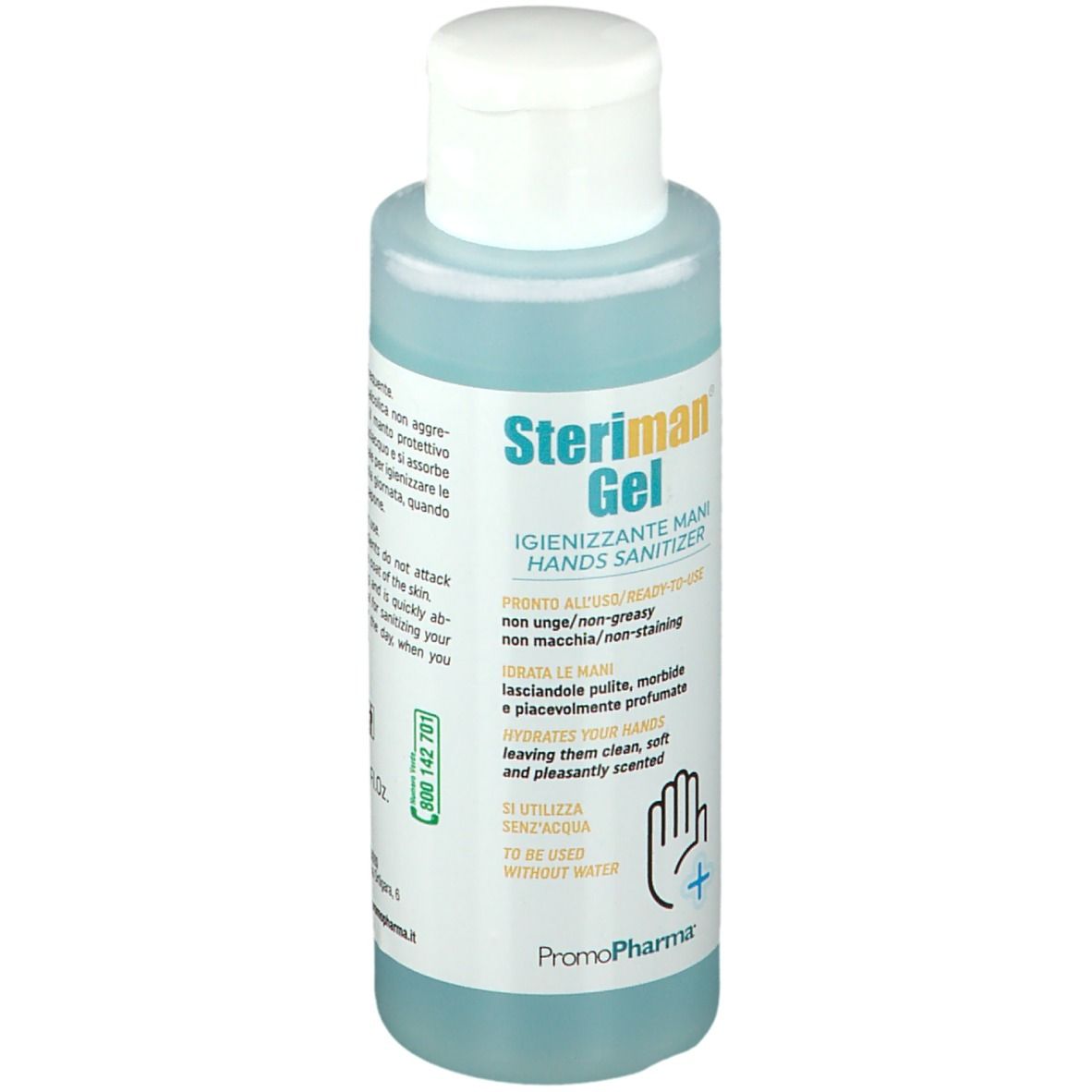 Flacon de gel bleu. Inscription: Steriman Gel, désinfectant pour les mains. Non gras, non tachant. Logo PromoPharma.