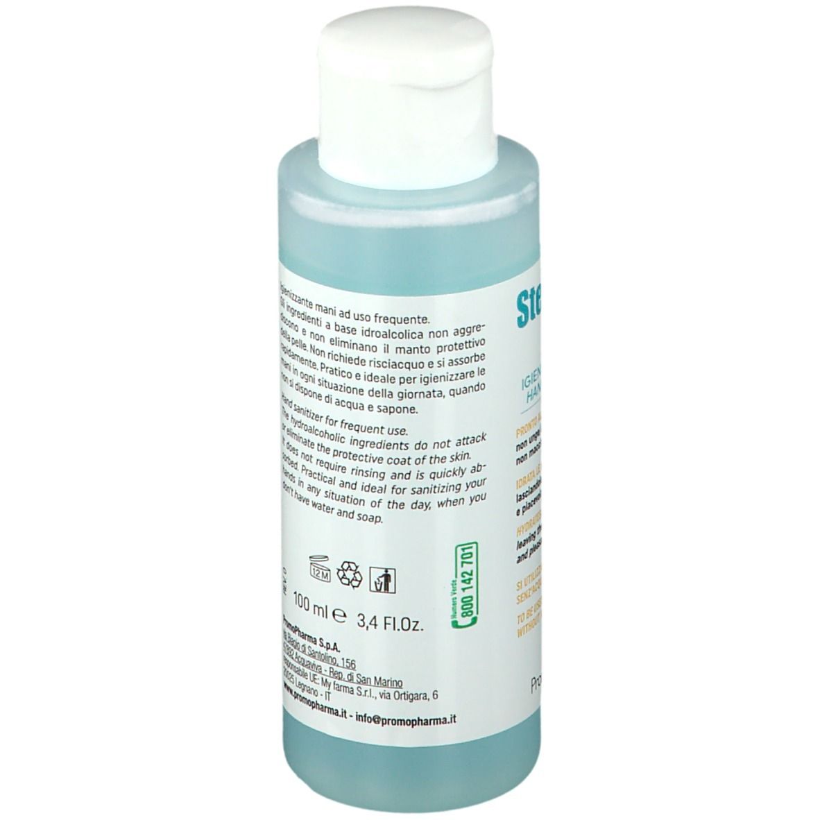 Dos d'un flacon de gel bleu. Texte: Mode d'emploi, ingrédients, numéro de lot, code-barres. Logo PromoPharma.