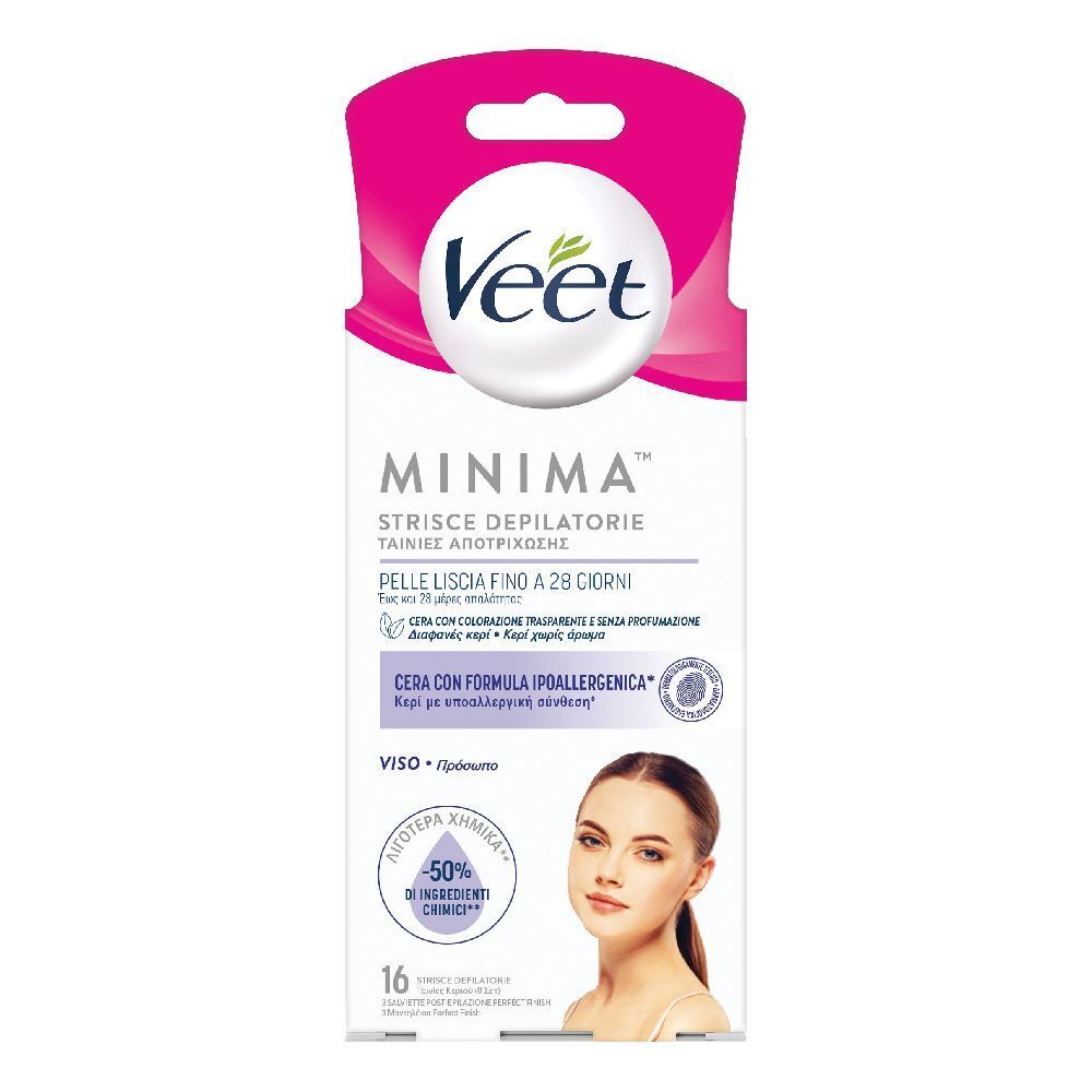 Emballage de bandes dépilatoires visage Veet Minima™. Emballage rose et blanc avec image du produit et texte.