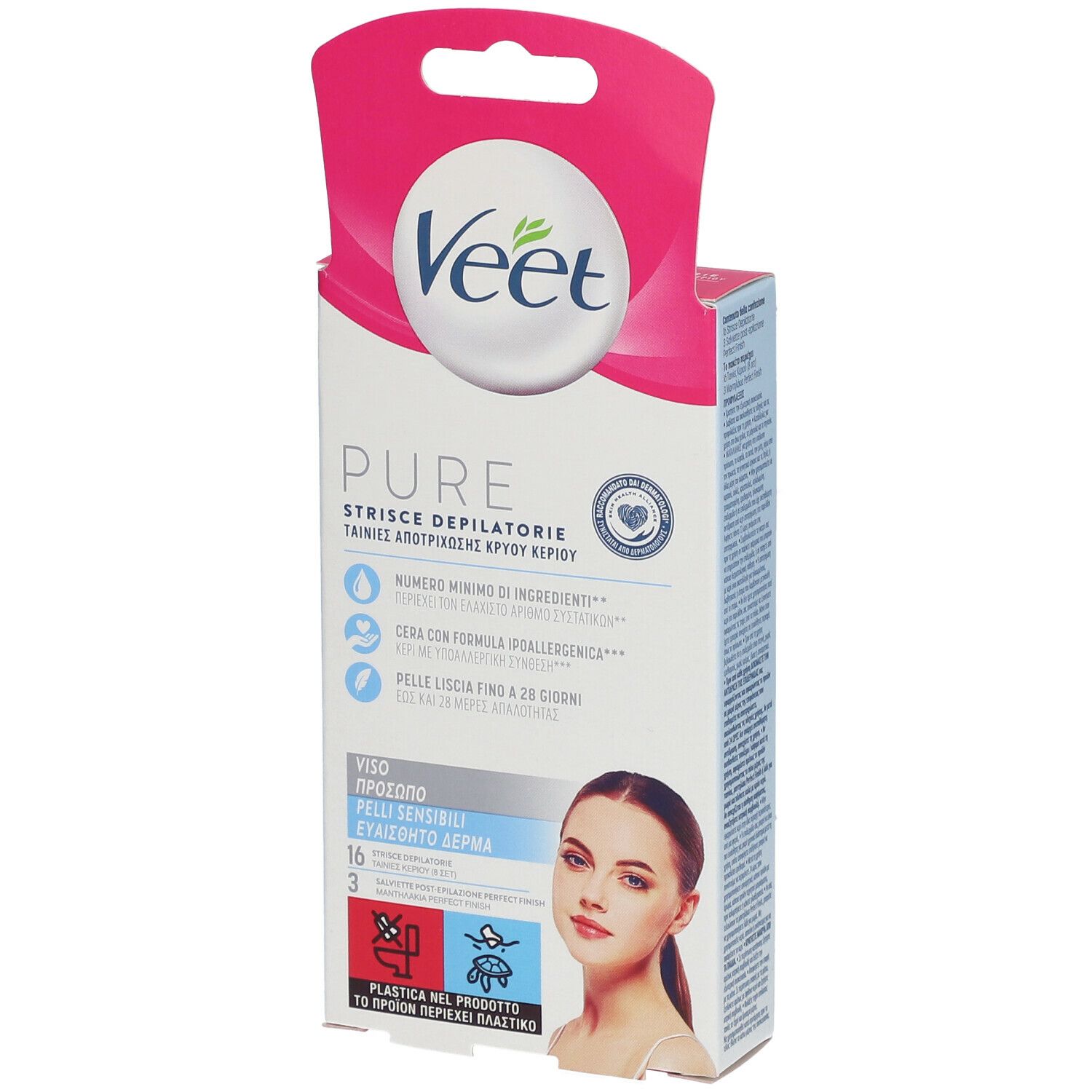 Emballage de bandes dépilatoires visage Veet Pure. Emballage blanc avec accents roses, image du produit et texte.